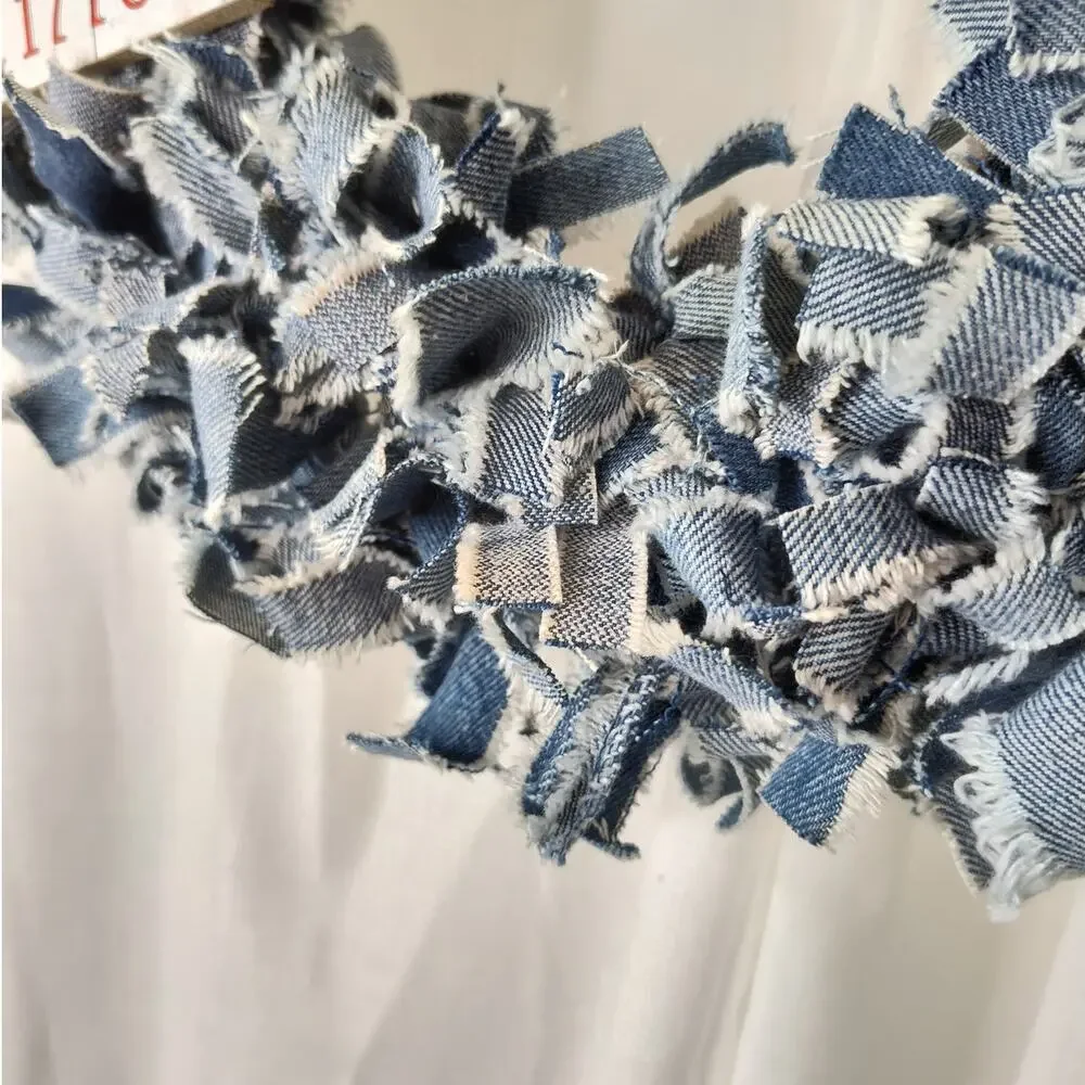 Upcycled Denim Rag Wreath with God Bless American Sign, 16